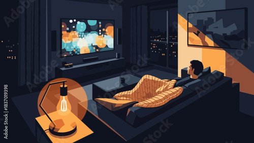 Relaxed man watching big screen TV under blanket in a dark cozy modern apartment at night, concept for leisure time, smart home and digital media