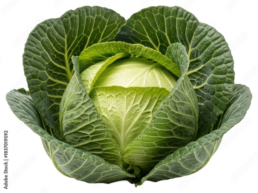 Fototapeta premium A close-up of a head of cabbage with large, green leaves, cabbage, close-up, green, head, lettuce 