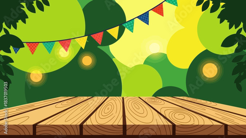 Empty wooden table with festive bunting flags and abstract green yellow nature background, concept for party events, product display and summer celebrations