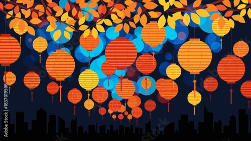 Vibrant illustration of orange and yellow lanterns hanging from branches above a dark cityscape, concept for cultural celebration, festive decor and Asian holiday
