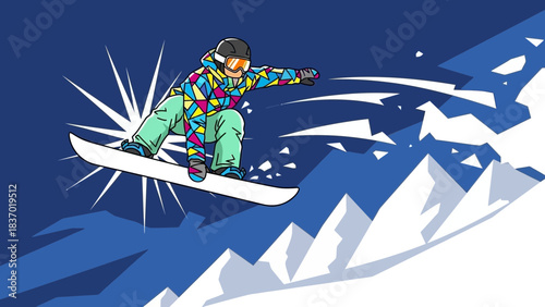 Dynamic cartoon snowboarder in vibrant gear mid-air over stylized blue and white snowy mountains, concept for winter sport promotion, active lifestyle design and extreme recreation