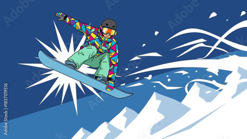 Dynamic cartoon snowboarder in colorful jacket jumping in air above snowy mountains, concept for sport promotion, tourism advertising and website design