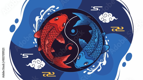 Red and blue koi fish in yin-yang symbol with traditional Asian clouds and wave patterns, concept for balance, harmony and traditional Asian design