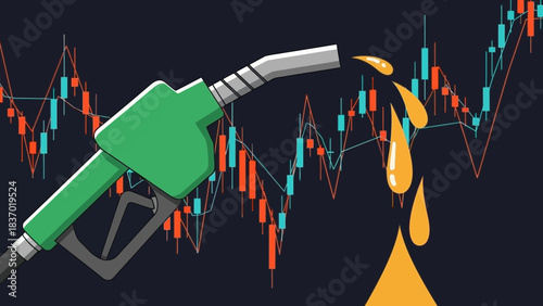 Fuel pump nozzle with golden oil drops against a financial candlestick chart background, concept for energy market analysis, global economy forecast and commodity trading overview