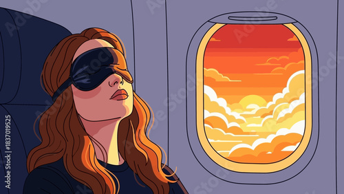Woman wearing a sleep mask sleeping peacefully on an airplane during a beautiful sunset, concept for travel relaxation, comfortable journey and wellness lifestyle