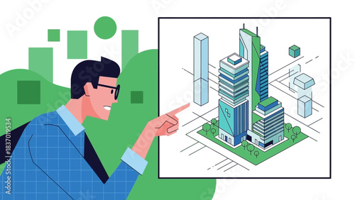 Man in glasses pointing at a detailed isometric city illustration with modern architecture, concept for urban planning, real estate development and future city technology