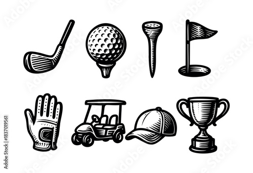 A collection of golf equipment icons in black and white, including a club, ball, tee, flag, glove, cart, hat, and trophy — stock vector.