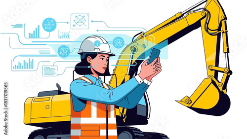 Female engineer operates excavator using smartphone with digital data analysis and smart tech, clean white background, concept for smart construction, industrial automation and future technology