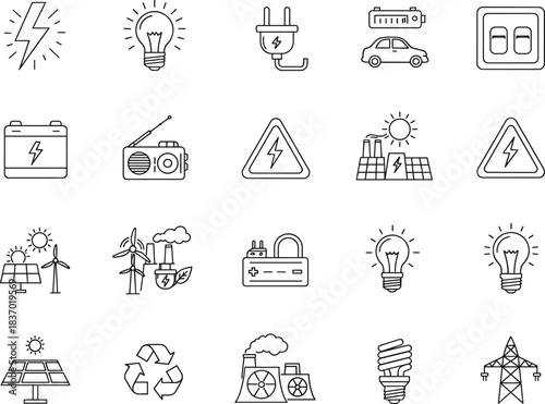 Electricity icon set, energy symbols, solar panel, wind turbine, battery, plug, light bulb, recycle, power plant, electric car, hazard sign