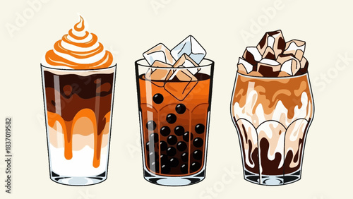 Three vibrant cartoon iced coffee, bubble tea and sweet dessert drinks with boba, concept for cafe menu design, beverage promotion and website illustration