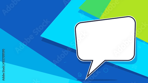 Dynamic abstract background with empty white speech bubble, vibrant blue and green geometric shapes, concept for modern communication, digital advertising and web presentation