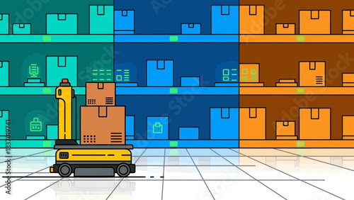 An automated yellow robot transports brown boxes in a modern smart warehouse with colorful shelves, concept for logistics technology, smart inventory management and futuristic automation