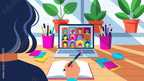 Person's back view working at desk, writing in notebook during laptop video conference with plants, concept for online education, virtual meeting and remote work collaboration