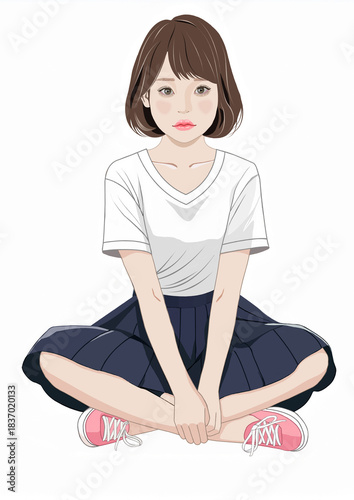 あぐらで座る少女イラスト
