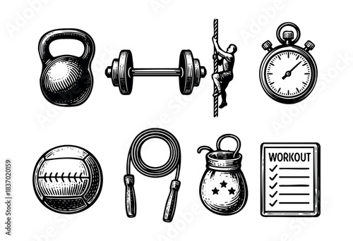 A set of various fitness equipment and exercise tools in a retro engraved style — stock vector.