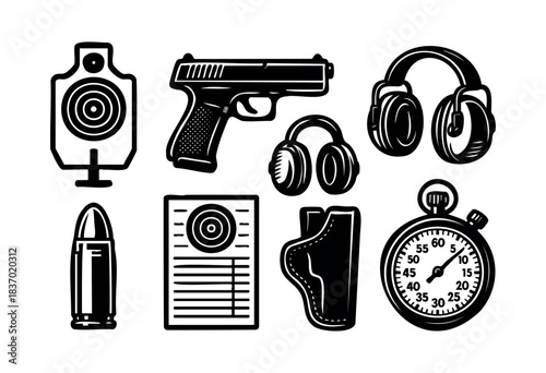 Monochrome symbols of firearm sports equipment for target practice and safety — stock illustration.