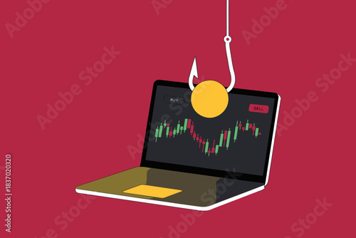 Financial scam hooking laptop displaying stock market chart
