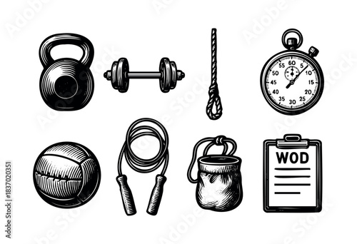 A set of hand-drawn crossfit equipment icons including a kettlebell, jump rope, stopwatch, dumbbell, and medicine ball — stock illustration.
