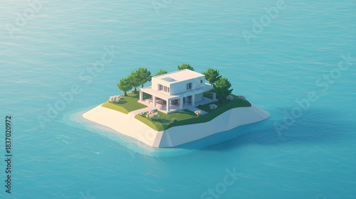 Isometric minimal modern house on small island with trees and boat 3D render