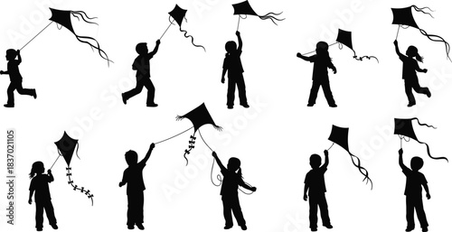 Children flying kites in playful silhouette poses, outdoor recreation, joyful movement and nature interaction, flat vector