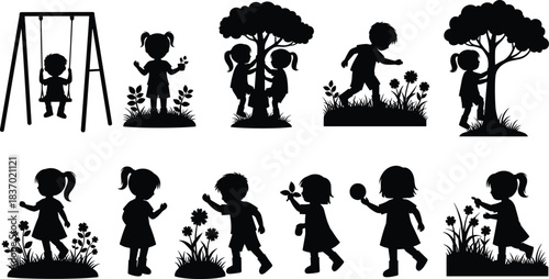 Children nature activity silhouette, outdoor play with flowers, tree interaction, swing scene, flat vector