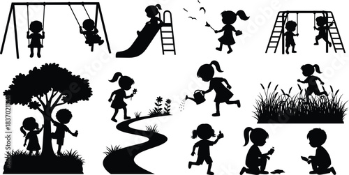 Children outdoor silhouettes, nature play, swing, slide, flower, magnifying glass, watering can, cad drawing flat vector