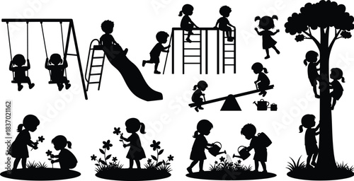 Children playground silhouette, outdoor activity scene with swings, slide, tree climbing, nature interaction, flat vector