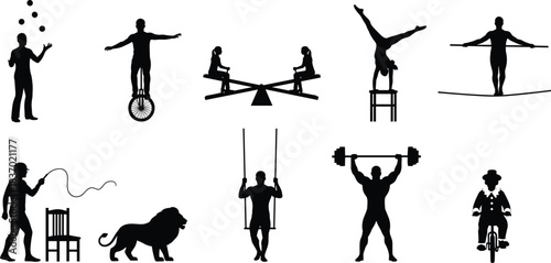 Circus performer silhouettes, juggling, unicycle, lion tamer, strongman, clown, swing, tightrope, black icons, flat vector