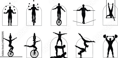 Circus performer silhouettes, acrobat, unicycle, trapeze, juggling, balancing, teamwork, strength, motion, flat vector