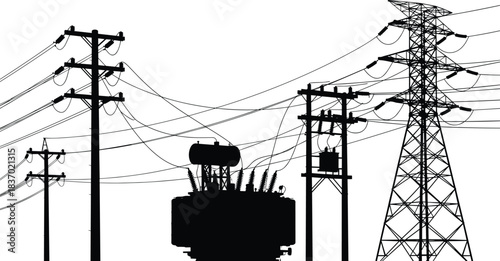 Electrical grid silhouettes, utility poles, transformers, transmission tower, power lines, infrastructure icons, black shapes, flat vector