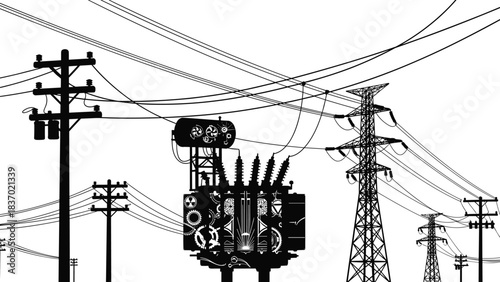 Electrical infrastructure silhouettes, transformer systems, utility poles, transmission towers, power grid elements, black icons, flat vector