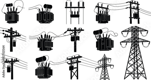 Electrical infrastructure silhouettes, transformer types, utility poles, transmission towers, power grid icons, black shapes, flat vector