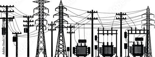 Electrical infrastructure silhouettes, utility poles, transformers, transmission towers, substations, power grid icons, black shapes, flat vector