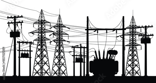 Electrical substation silhouettes, transmission towers, utility poles, transformers, power grid icons, black infrastructure shapes, flat vector