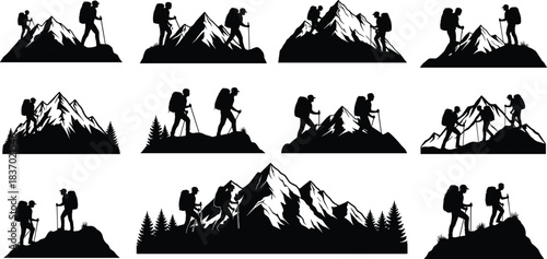 Hiking silhouettes, mountain trekking icons, outdoor adventure poses, forest exploration graphics, black shapes, flat vector illustration