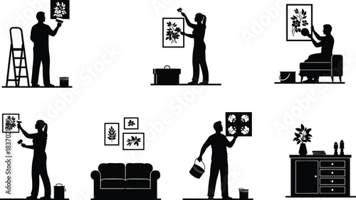 Home wall art painting silhouettes, floral decoration scenes, creative interior improvement poses, domestic artwork setup, flat vector