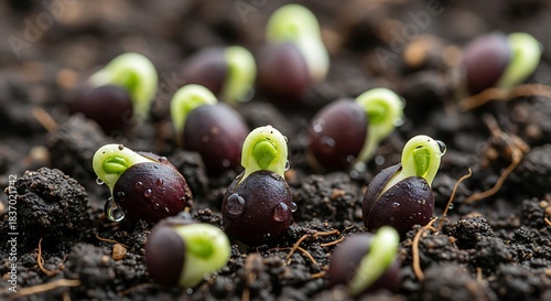 Close up of tiny green sprouts emerging from dark soil.