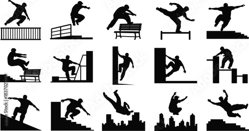 Parkour silhouettes, urban stunts, jumping, vaulting, climbing, flipping, athletic poses, cityscape action, cad drawing flat vector
