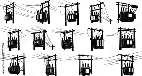 Pole-mounted transformer silhouettes, utility pole icons, electrical grid components, black shapes, flat vector illustration set