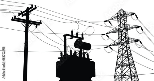 Power distribution system, utility pole, transformer, transmission tower, electricity flow, black icon, flat vector illustration