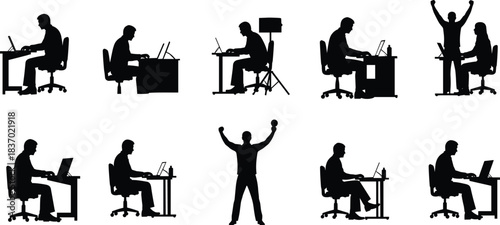 Remote work silhouettes, desk activity, laptop user, celebration pose, video call, cad drawing flat vector
