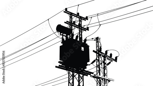 Single transformer silhouette, utility pole setup, electric grid icon, voltage infrastructure shape, black element, flat vector