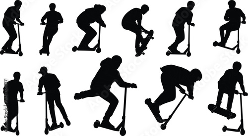 Scooter riding silhouettes in dynamic trick poses, freestyle motion, urban sport and youth activity, flat vector