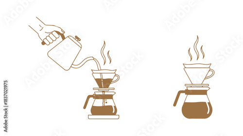 Guide for making a drink with a pour over coffee maker. Just four steps to enjoy freshly brewed coffee. Simple icon for packaging design. Isolated vector illustration in outline style.