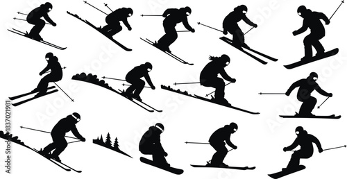 Skiers silhouette, dynamic skiing poses, winter sport, snow terrain, motion action, alpine activity, flat vector