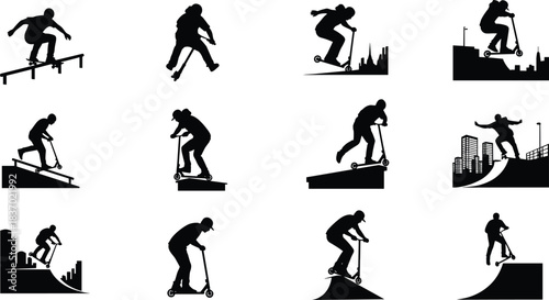 Skateboarding and scootering silhouettes in urban trick scenes, ramps, jumps, rails, freestyle motion, flat vector