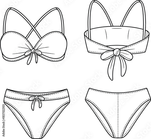 Fashion bikini technical sketch, front and back view, halter top, bow tie detail, seamless bottom, garment construction, line art