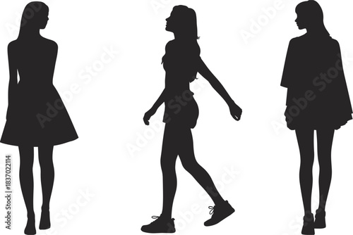 Three female silhouettes in dresses and sneakers on white background women girls
