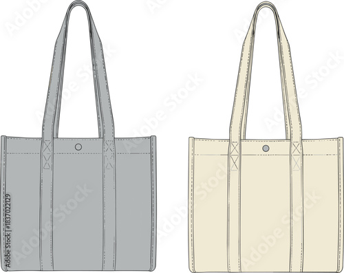 Tote bag design, fashion accessory, flat vector illustration, cad drawing, front view, stitching detail, casual style, silhouette sketch