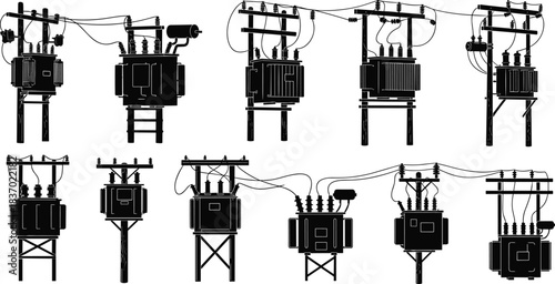 Transformer silhouettes, utility pole setups, electrical grid icons, voltage infrastructure shapes, black distribution elements, flat vector